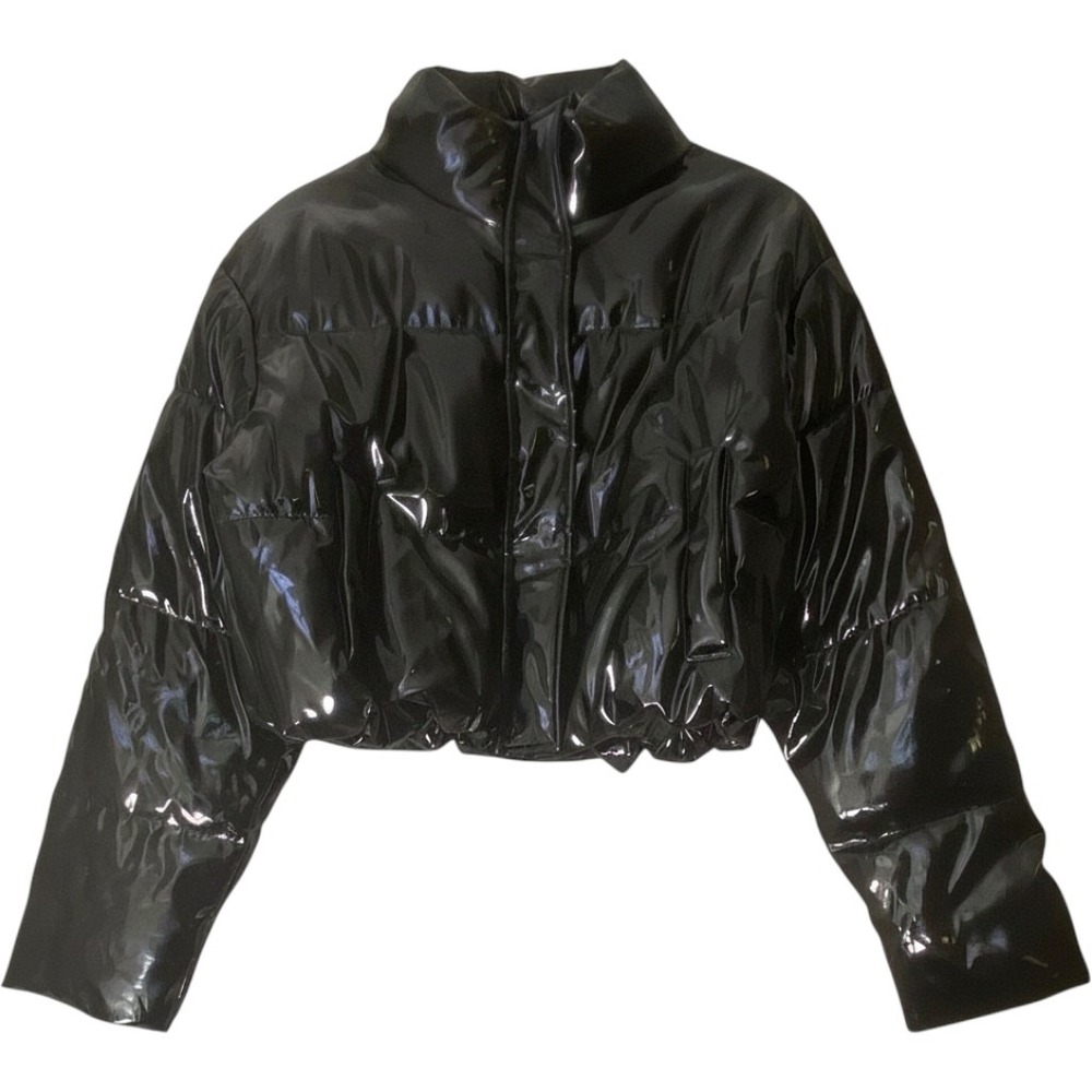 PrettyLittleThing Black Vinyl Cropped Puffer Jacket US 6 UK 10 Edgy Y2k Baddie